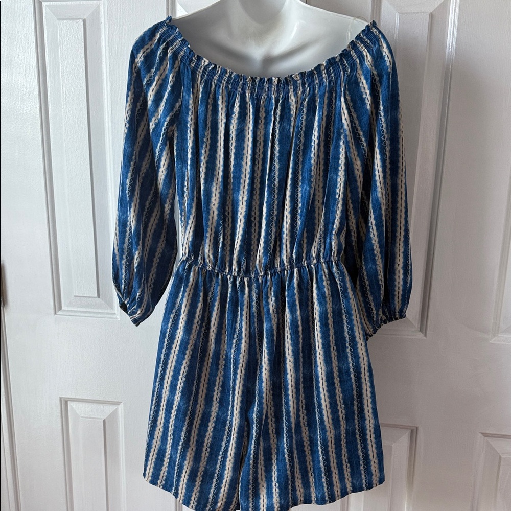 Blue and White Striped Off-Shoulder Romper Dress - Picture 2 of 5
